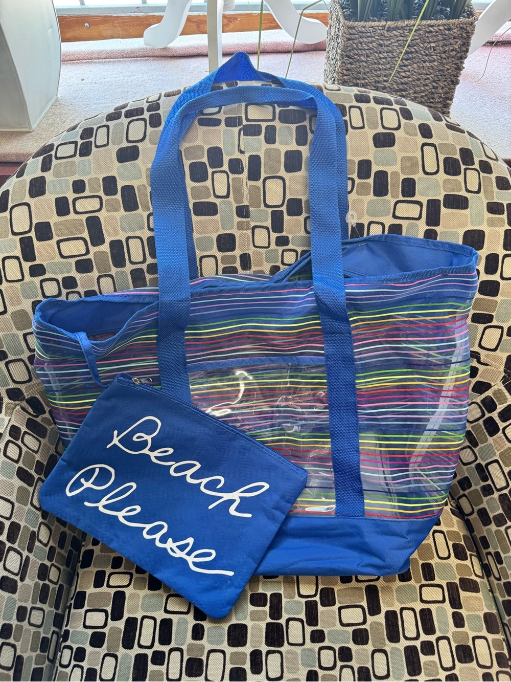 Blue Clear Striped Beach Tote with Matching Pouch - Beach Please